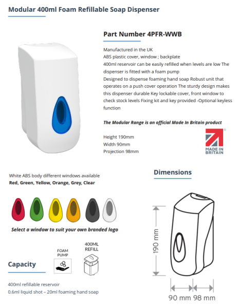 foam 400 spc Modular Bulk Fill FOAM Soap Dispenser White Plastic 400ml
