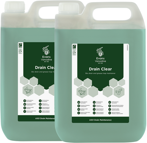 DRAIN CLEAR X2 Evans Vanodine Drain Clear Bio Drain and Grease Trap Maintainer 2 x 5Ltr